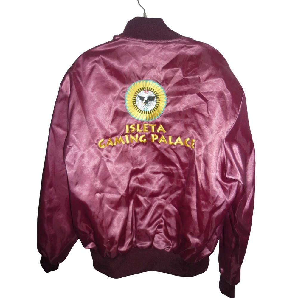 Vintage Holloway Isleta Gaming Palace Satin Bomber Jacket Burgundy XL USA Made